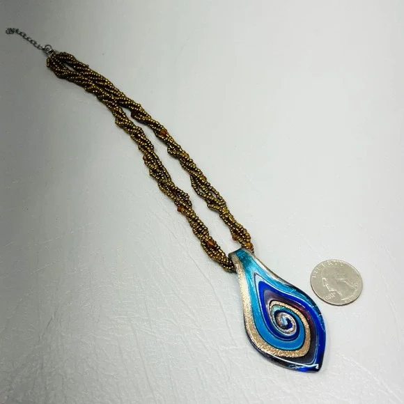 Art Glass Swirl Pendant Necklace Blue Gold Teardrop Beaded Braided Strand - Picture 4 of 7